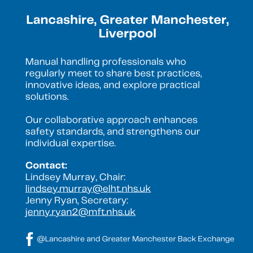 Clickable blue square containing written explanation of what Lancashire, Greater Manchester & Liverpool Back Exchange dp and contact details for Chair Lindsey Murray.