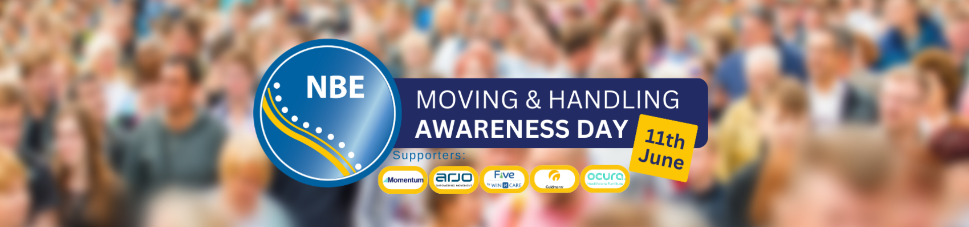Moving and Handling Awareness Day Banner with Crowd of people in Background